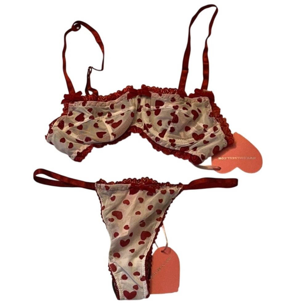 Dolls kill Sugar Thrillz White Red Heart Lingerie Set Bra/Panty Size: XXS